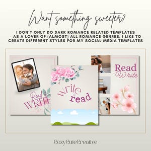 May include: A digital art design featuring three templates with the words "Read Write" and "Write & Read". The templates include images of a couple, flowers, and a person reading. The text "Want something sweeter?" is at the top.
