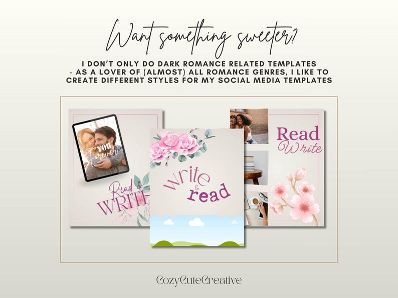May include: A digital art design featuring three templates with the words "Read Write" and "Write & Read". The templates include images of a couple, flowers, and a person reading. The text "Want something sweeter?" is at the top.