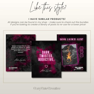 May include: A promotional image featuring three digital art designs with a dark, smoky background and pink accents. The designs include text like "DARK. TWISTED. ADDICTIVE." and "BOOK LAUNCH ALERT." The image also includes the text "Like this style?" and "I HAVE SIMILAR PRODUCTS!"