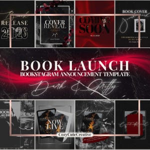 Può includere: Grafica promozionale per il lancio di un libro, con un'estetica cupa e grintosa. Il design include elementi testuali come "BOOK LAUNCH", "BOOKSTAGRAM ANNOUNCEMENT TEMPLATE" e "Dark & Gritty". Il testo aggiuntivo include "RELEASE 2026", "COVER REVEAL" e "COMING SOON".