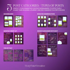 May include: A purple graphic with the text "5 POST CATEGORIES / TYPES OF POSTS" and examples of moodboards, book recommendations, monthly wrap-ups, bookstagrammer spotlights, and "this or that" posts. The CozyCuteCreative logo is at the bottom.