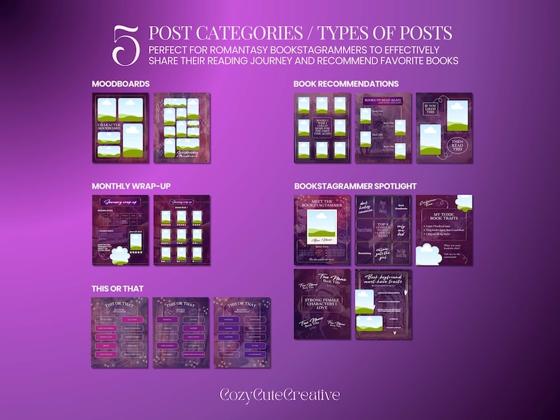 May include: A purple graphic with the text "5 POST CATEGORIES / TYPES OF POSTS" and examples of moodboards, book recommendations, monthly wrap-ups, bookstagrammer spotlights, and "this or that" posts. The CozyCuteCreative logo is at the bottom.