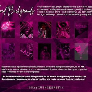 Pode incluir: Design de arte digital com um fundo magenta escuro. A imagem apresenta v&aacute;rias pequenas imagens retangulares com gr&aacute;ficos e texto rosa neon, incluindo a palavra "LOVE". O texto na parte superior diz "Fixed Backgrounds".