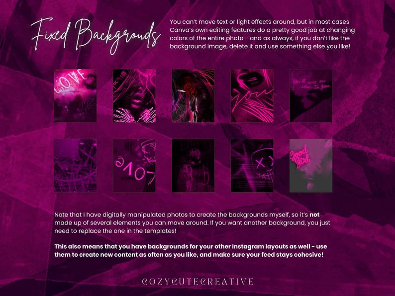 Pode incluir: Design de arte digital com um fundo magenta escuro. A imagem apresenta v&aacute;rias pequenas imagens retangulares com gr&aacute;ficos e texto rosa neon, incluindo a palavra "LOVE". O texto na parte superior diz "Fixed Backgrounds".