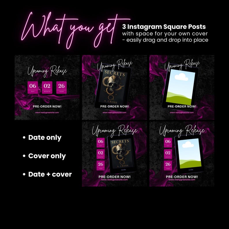 K&ouml;nnte beinhalten: Ein Set aus drei quadratischen Instagram-Post-Vorlagen mit schwarzem Hintergrund und violetten Raucheffekten. Der Text lautet What you get, Upcoming Release, Pre-order now und enth&auml;lt Platzhalter f&uuml;r Buchcover sowie Datumsangaben.