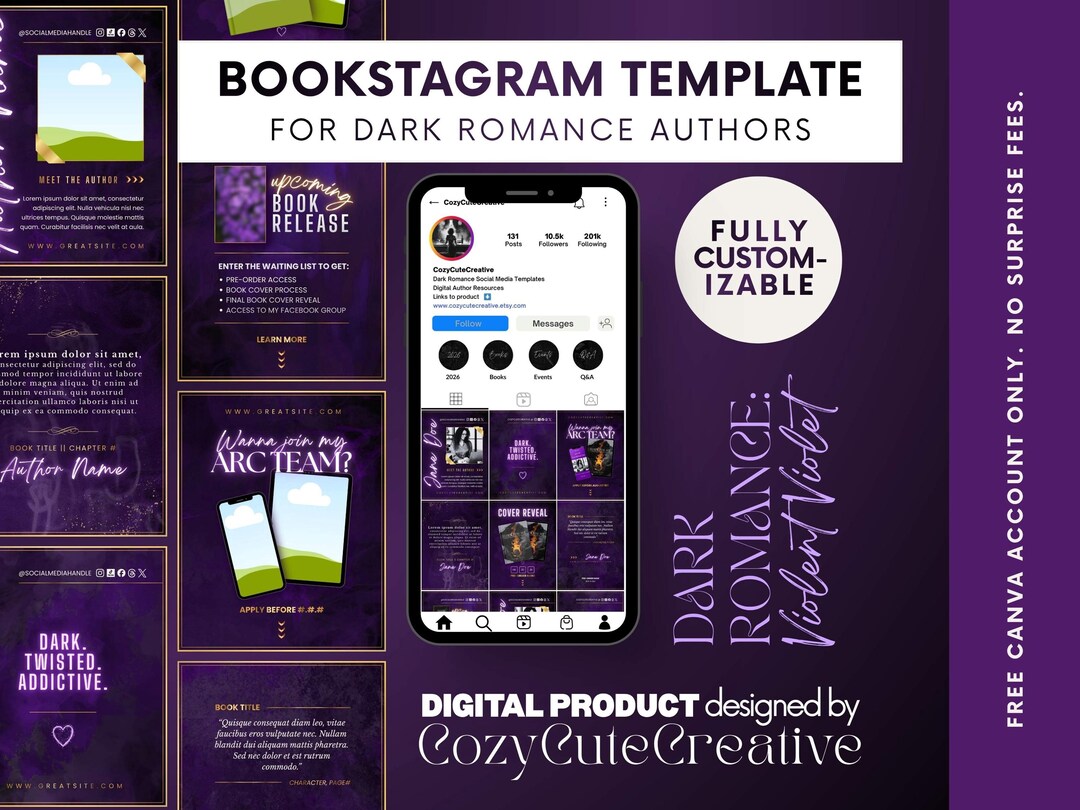 Editable Instagram Post Template for Dark Romance Authors - Purple Book ...