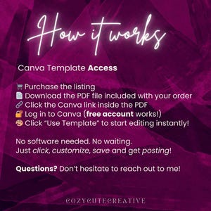 Pode incluir: Gr&aacute;fico digital sobre um fundo rosa escuro com texto branco que diz "How it works" e "Canva Template Access". As instru&ccedil;&otilde;es est&atilde;o listadas abaixo, incluindo como comprar, baixar e editar um modelo. A parte inferior do gr&aacute;fico tem o texto "Perguntas? N&atilde;o hesite em entrar em contato comigo!"