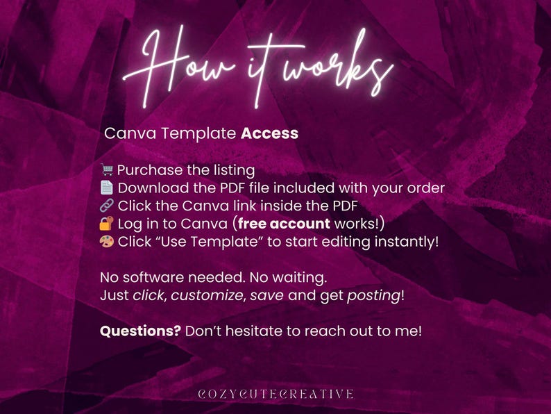Pode incluir: Gr&aacute;fico digital sobre um fundo rosa escuro com texto branco que diz "How it works" e "Canva Template Access". As instru&ccedil;&otilde;es est&atilde;o listadas abaixo, incluindo como comprar, baixar e editar um modelo. A parte inferior do gr&aacute;fico tem o texto "Perguntas? N&atilde;o hesite em entrar em contato comigo!"