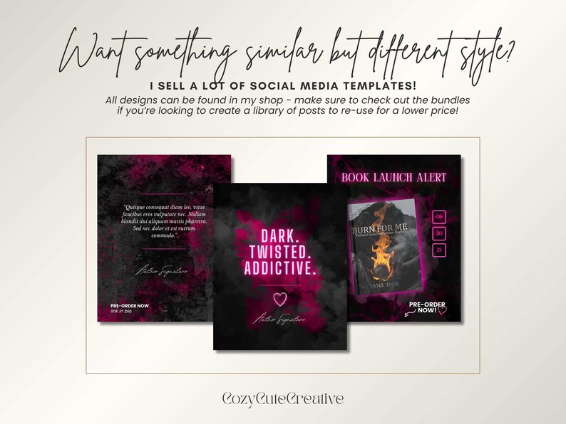 Pode incluir: Tr&ecirc;s modelos de m&iacute;dia social com fundos escuros e detalhes em rosa. Os modelos incluem texto que diz "DARK. TWISTED. ADDICTIVE.", "BOOK LAUNCH ALERT" e uma cita&ccedil;&atilde;o. A imagem tamb&eacute;m inclui o texto "Want something similar but different style?" e "I SELL A LOT OF SOCIAL MEDIA TEMPLATES!"