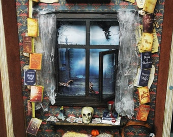 witch book nook / book box, with working clock and lights, full of witchery, shelf insert booknook