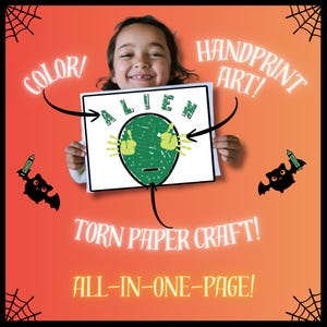 Pode incluir: Uma criança segura um desenho de um alienígena com impressões de mãos verdes e a palavra "ALIEN" em letras verdes. A imagem está em um fundo branco com as palavras "COLOR!", "HANDPRINT ART!", "TORN PAPER CRAFT!" e "ALL-IN-ONE-PAGE!" em um fundo laranja.