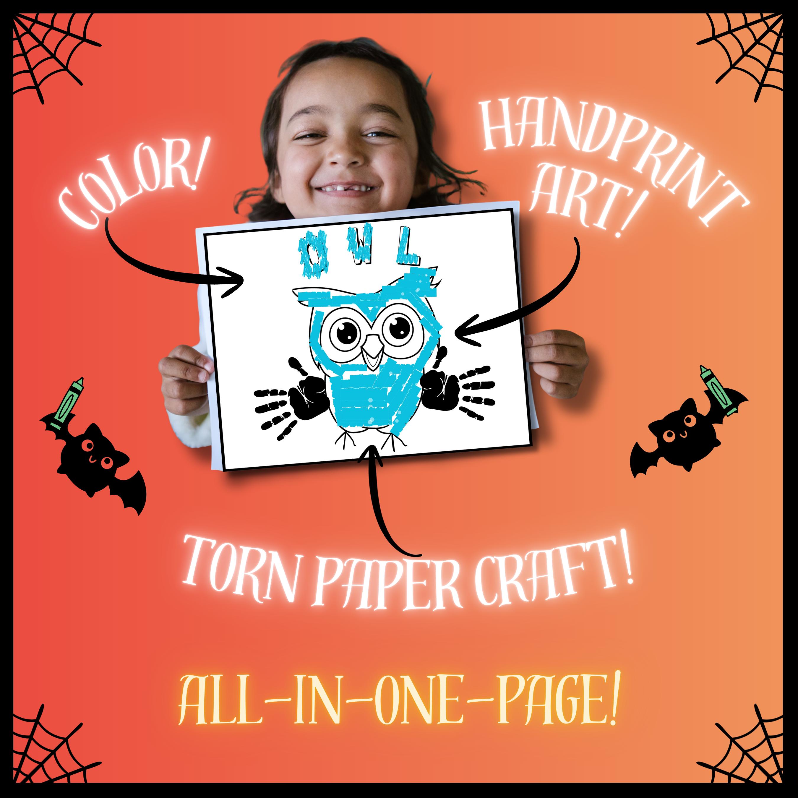3-In-1 Printable Halloween Kids Craft, Owl Halloween Printable, Torn Paper Craft, Halloween Coloring