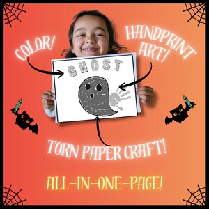 Könnte beinhalten: Ein Kind hält ein weißes Papier mit einem Geister-Handabdruck-Kunstwerk. Das Wort "GHOST" steht oben. Das Bild enthält auch die Wörter "COLOR!", "HANDPRINT ART!", "TORN PAPER CRAFT!" und "ALL-IN-ONE-PAGE!" auf orangefarbenem Hintergrund.