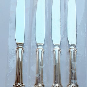 May include: Four silver dinner knives with bee-shaped handles. The knives are individually packaged in clear plastic.