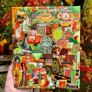 Green and Orange Collage/ Original Collage Art/ Trippy Collage Art/ Maximalist Collage Art/ Mushroom Collage/ Collage on Canvas