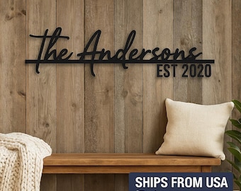Letrero metálico personalizado con nombre familiar – Decoración de pared personalizada con apellidos – Regalo de boda – Letrero negro mate – Envío desde EE. UU.