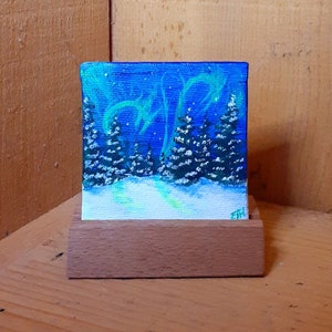 Dragon Art, &quot;Return of the Sky Dragons,&quot; Dragon Head Northern Lights, Spruce Tree, Winter Scene, Mini Canvas Painting