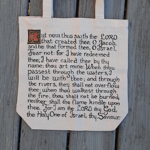 Verlichte middeleeuwse manuscript schrift draagtas, handgeschreven canvas tas, middeleeuwse kunst, christelijke tote bag, bijbel vers tote bag
