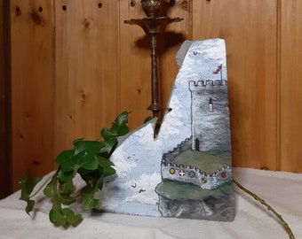 Castle on Cliff Acrylic Painting on Cut Stone