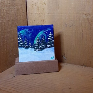 Northern Lights Spruce Trees Winter Scene Mini Canvas Painting