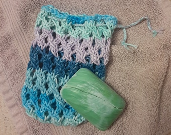 Handmade Knit Soap Scrubby, Mesh Soap Bag, Soap Sleeve, Soap Pouch, Spa Gift, Washcloth, Irish Mesh Stitch Knit Soap Scrubby