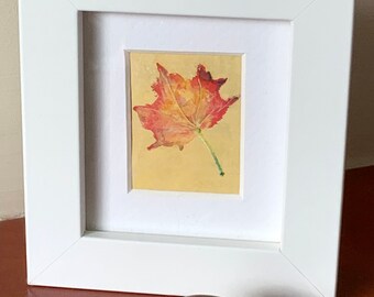 Christmas gift Seasonal red and gold Gift for dad Framed watercolour print by Dion Autumn Leaves on gold Beech leaf Canada Maple leaf