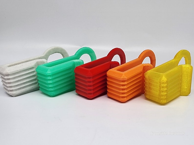 Fluorescent Green PLA+, Red PETG, Orange PETG, Clearish yellow PETG Fathooks