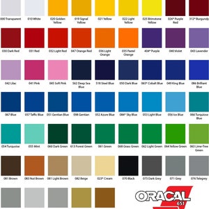 K&ouml;nnte beinhalten: Eine Farbkarte mit 36 verschiedenen Farben, darunter Rot, Blau, Gr&uuml;n, Gelb, Orange, Lila, Braun, Grau und Schwarz. Die Karte ist mit dem Oracal 651 Logo gekennzeichnet.