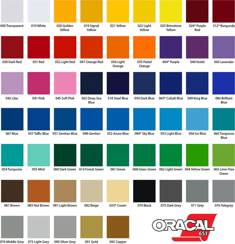 K&ouml;nnte beinhalten: Eine Farbkarte mit 36 verschiedenen Farben, darunter Rot, Blau, Gr&uuml;n, Gelb, Orange, Lila, Braun, Grau und Schwarz. Die Karte ist mit dem Oracal 651 Logo gekennzeichnet.