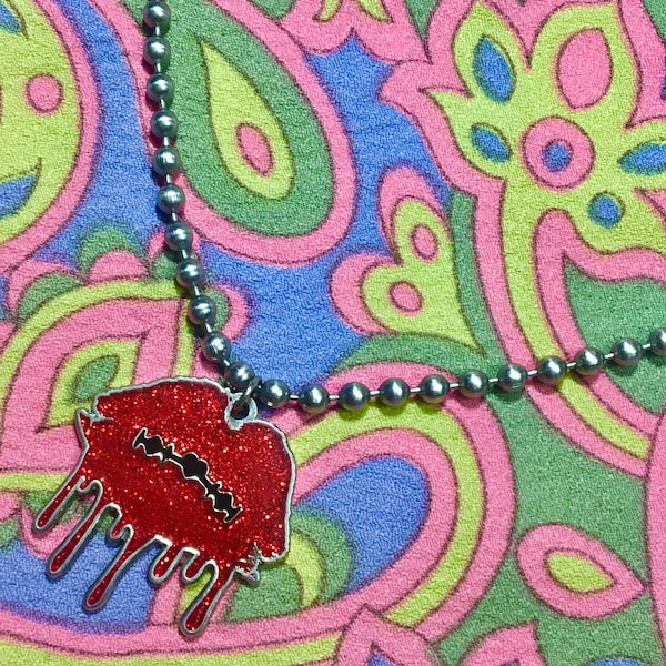 Razorblade Kiss Glitter Enamel Pendant Ball Chain Necklace