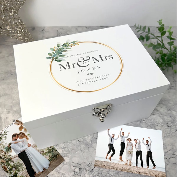 Boîte souvenir de mariage personnalisée de luxe avec couronne en bois blanc - 3 tailles (22 cm | 27 cm | 30 cm)