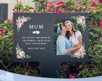 Personalised Pink Floral Slate Plant Marker | Photo Garden Gift