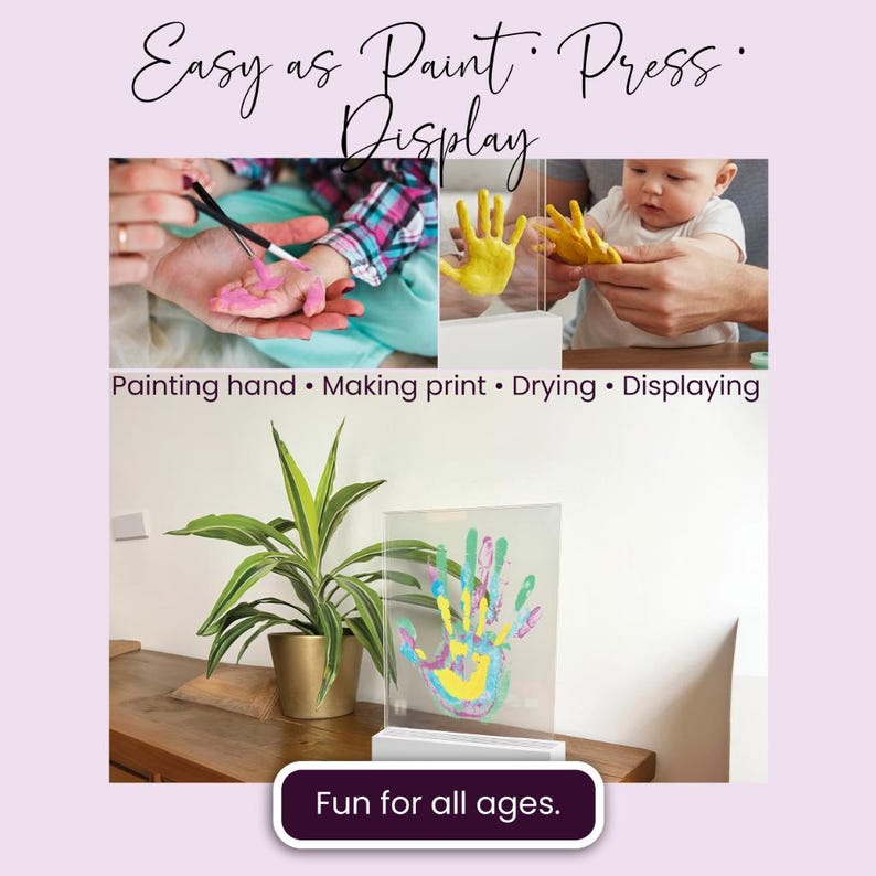 May include: Image showing the process of creating handprints. The text reads "Easy as Paint Press Display" and "Fun for all ages." The steps include painting a hand, making a print, drying, and displaying the artwork. A finished handprint is shown.