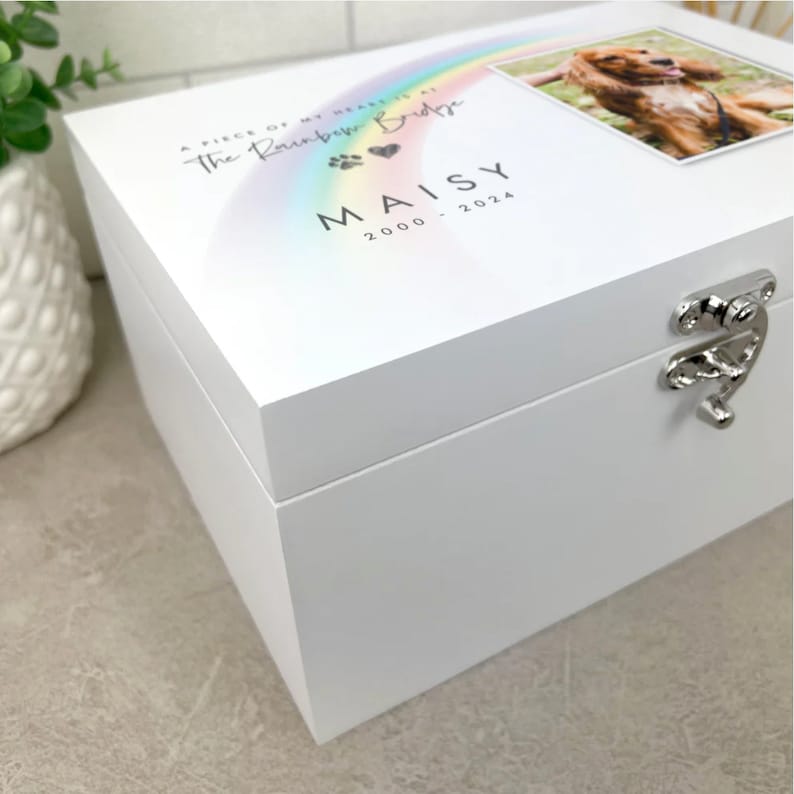 Personalised White Wooden Rainbow Bridge Pet Keepsake Box 3 Sizes | Pet ...