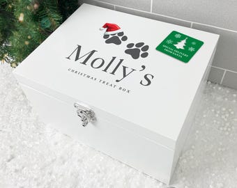 Personalised White Wooden Santa Hat Paws Pet Christmas Eve Box 3 Sizes | Pet Xmas Box | Christmas Eve Box for Pets | Pet Christmas Treat Box