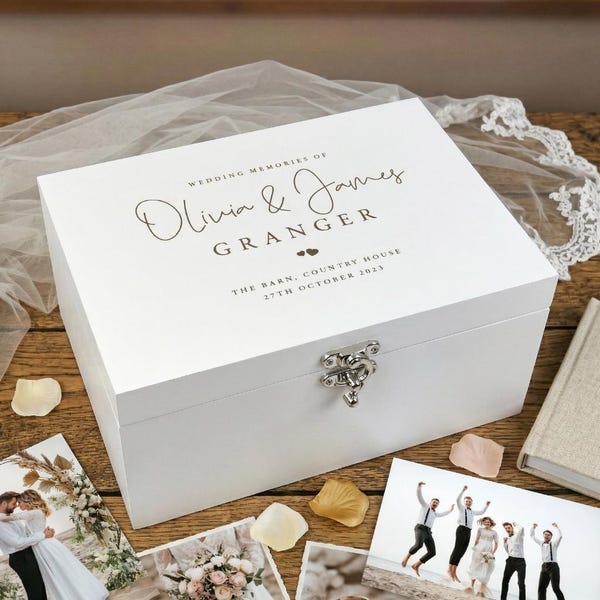 Personalized White Wooden Engraved Wedding Memory Box | Keepsake Gift