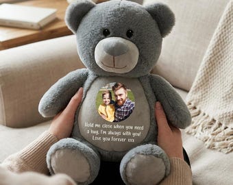 Könnte beinhalten: Ein grauer Plüschteddybär mit einem runden Aufnäher auf der Brust, der ein kreisförmiges Foto eines Kindes und eines Erwachsenen zeigt. Der Aufnäher enthält den gedruckten Text: Hold me close when you need a hug. I'm always with you! Love you Forever xxx.
