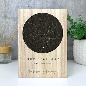 Pode incluir: Mapa estelar de madeira com um design circular preto com um padrão de constelação. O texto "OUR STAR MAP" e "2ND JUNE 2008" são impressos acima da frase "The beginning of always."