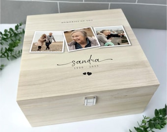 Personalisierte große 28cm quadratische Luxus-Gedenkfoto-Andenken-Erinnerungsbox aus Holz