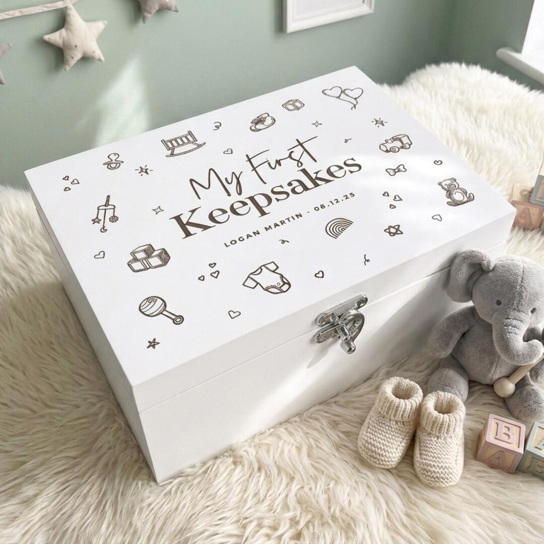 Personalised White Wooden Baby Keepsake Box, Engraved Memory Chest ...