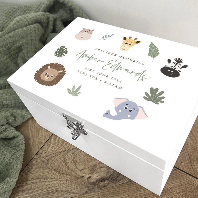Personalised Jungle Animals New Baby White Wooden Memory Box Baby Gift ...