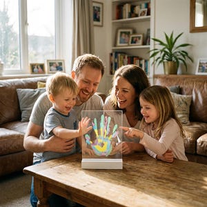 May include: A clear acrylic plaque with a colorful handprint design in shades of blue, yellow, green, and pink, mounted on a rectangular white base. The plaque is positioned on a wooden table, displaying a vibrant, multi-colored handprint art piece.