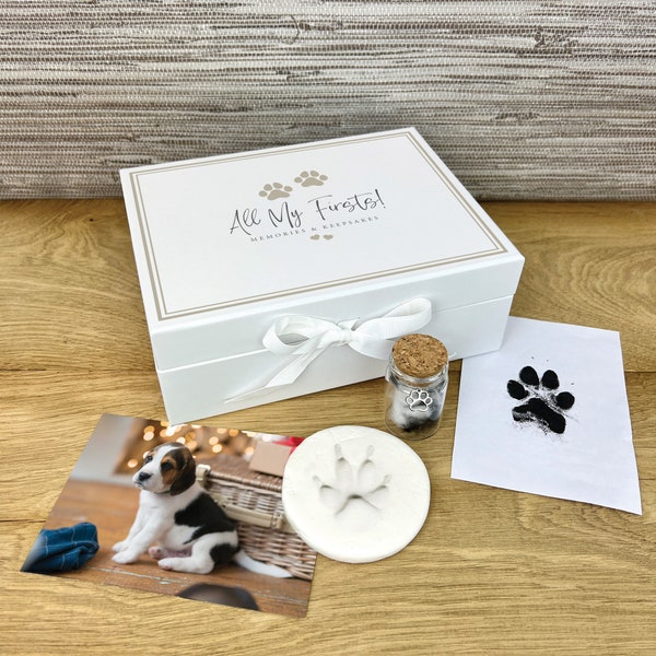 Complete Puppy/Kitten Firsts Keepsake Kit - Memory Box, Clay Paw Print, Ink Pad Kit, Glass Fur Bottle - Ideal Pet Gift - Precious Moments