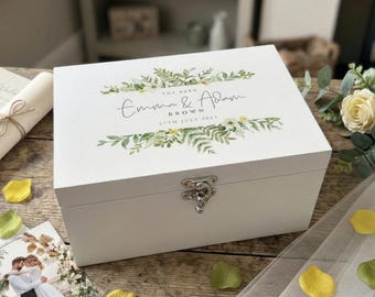 Personalised White Wooden Floral Wedding Keepsake Memory Box 3 Sizes | Wedding Gift | Couples Gift | Engagement Gift | Memory Box