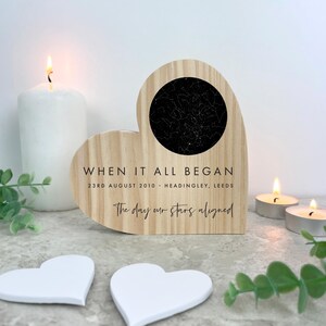 May include: A wooden heart-shaped plaque with a circular star map cutout. The text "WHEN IT ALL BEGAN" and date are printed on the wood. Two white heart-shaped decorations and candles are in the foreground.