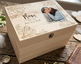 Personalised Photo Memorial Box, Wooden Remembrance Keepsake Box with Floral Design, Sympathy Gift for Bereavement