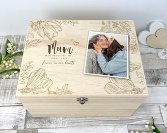 Personalised Floral Pine Wooden Memorial Photo Keepsake Memory Box - 4 Sizes (20cm | 26cm | 30cm | 36cm)