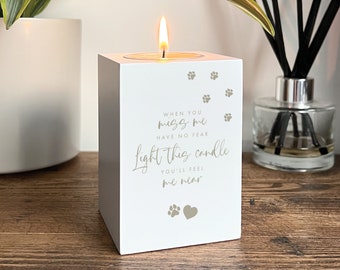 Pet Memorial Tea Light Holder | White Wooden Candle Holder with Paw Prints and Verse | 10 x 7 x 7cm