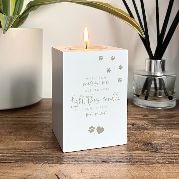 Pet Memorial Tea Light Holder | White Wooden Candle Holder with Paw Prints and Verse | 10 x 7 x 7cm