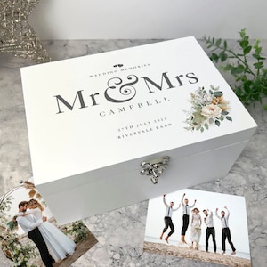 Gepersonaliseerde witte houten boho-bruiloft aandenkendoos - 3 maten | Huwelijksdagcadeau | Cadeau voor koppels | Bruiloft aandenken cadeau | Geheugendoos